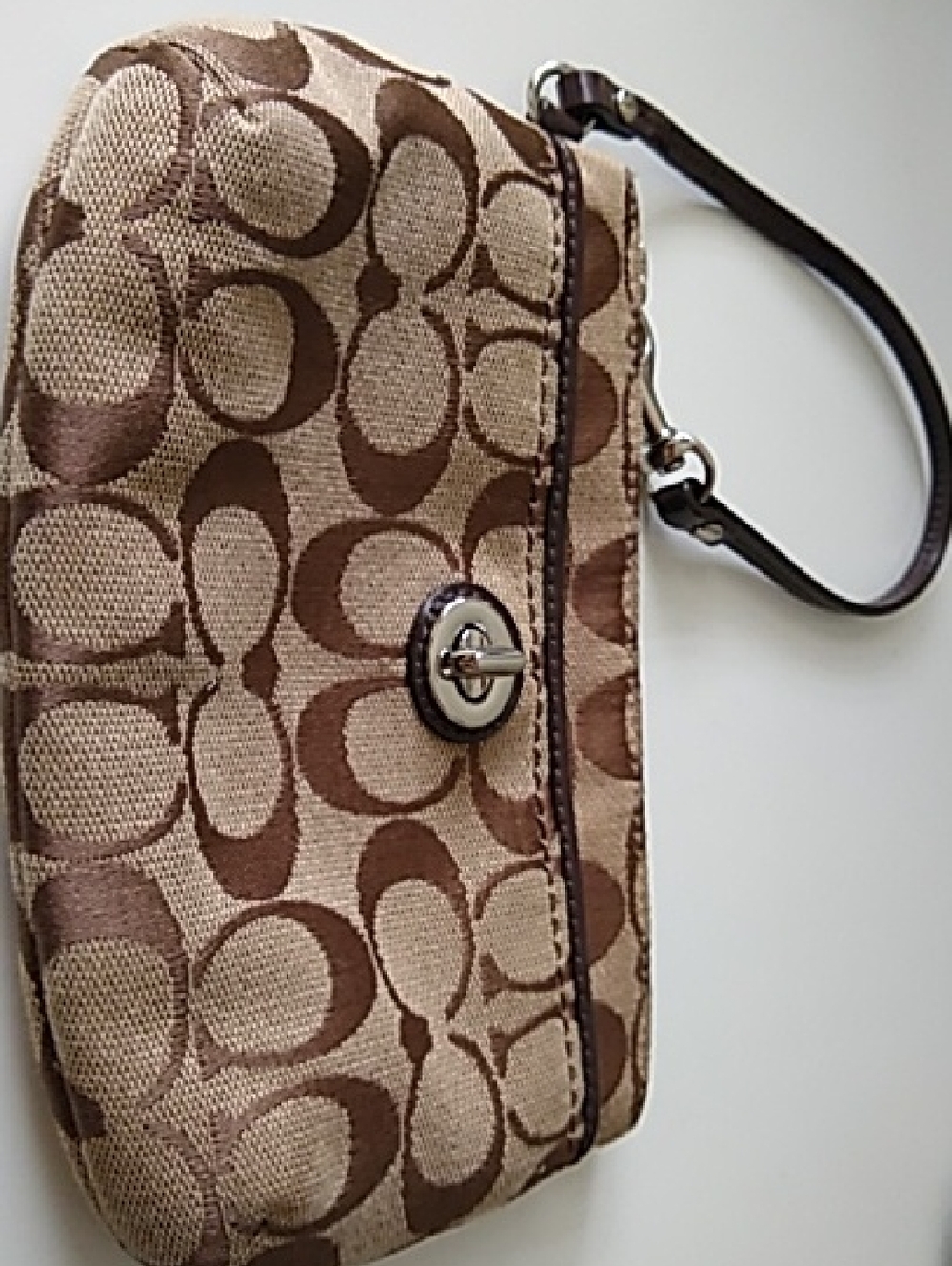 Coach Brown Signature Canvas Turnlock Wristlet
